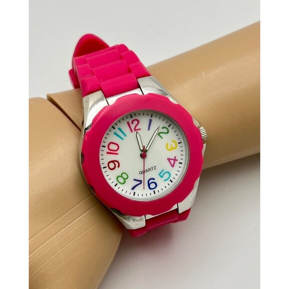 Bright Pink Silicone Quartz Watch Colorful Rainbow Numbers Silver Tone - Picture 2 of 6